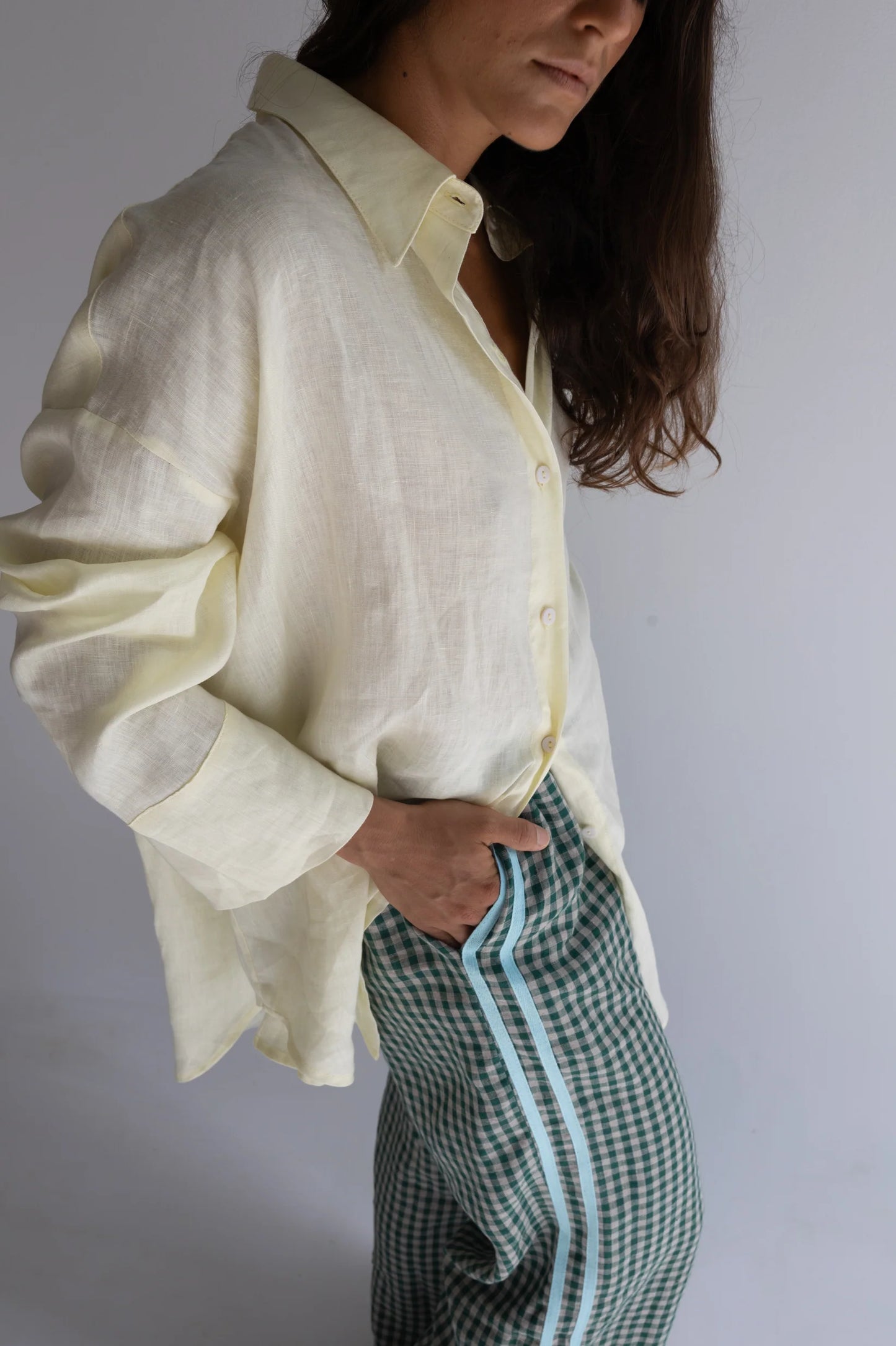 Linen Track Pant — Green Check