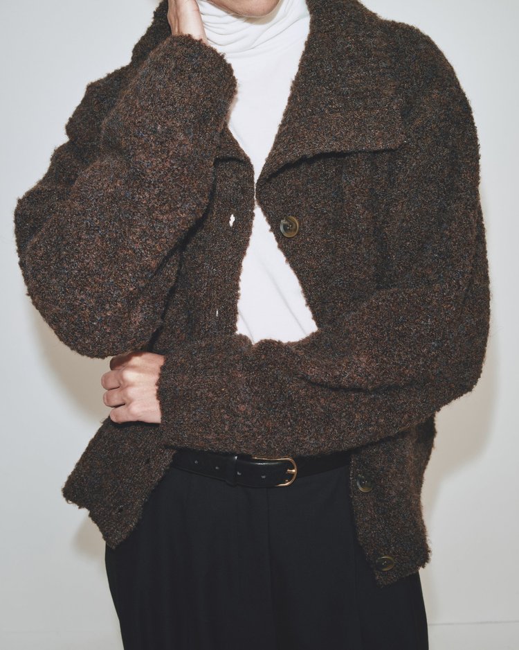 Spread Collar Boucle Cardigan - Chocolate