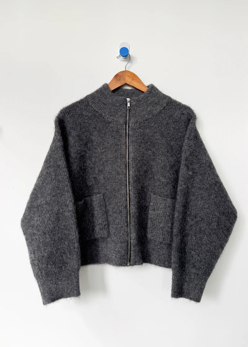 Alpaca Zip Front Sweater- Charcoal