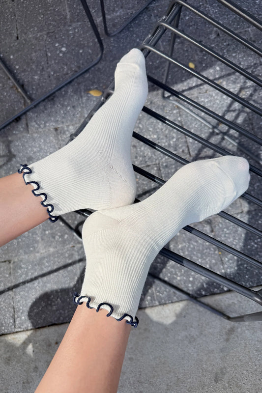 Petite Ruffled Modal Socks — Soft White / Navy