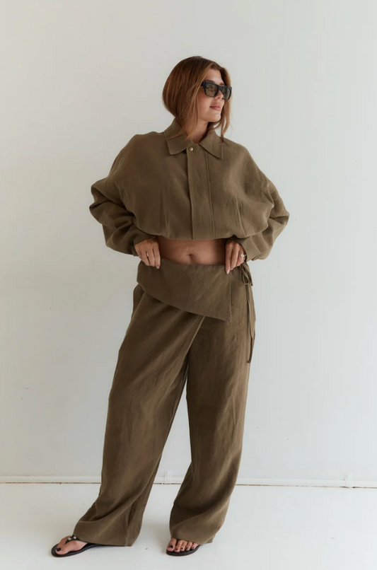 Foldover Linen Pant — Olive