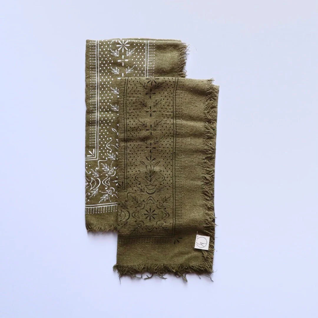 Classic Raw Silk Bandana — Olive Green / Black