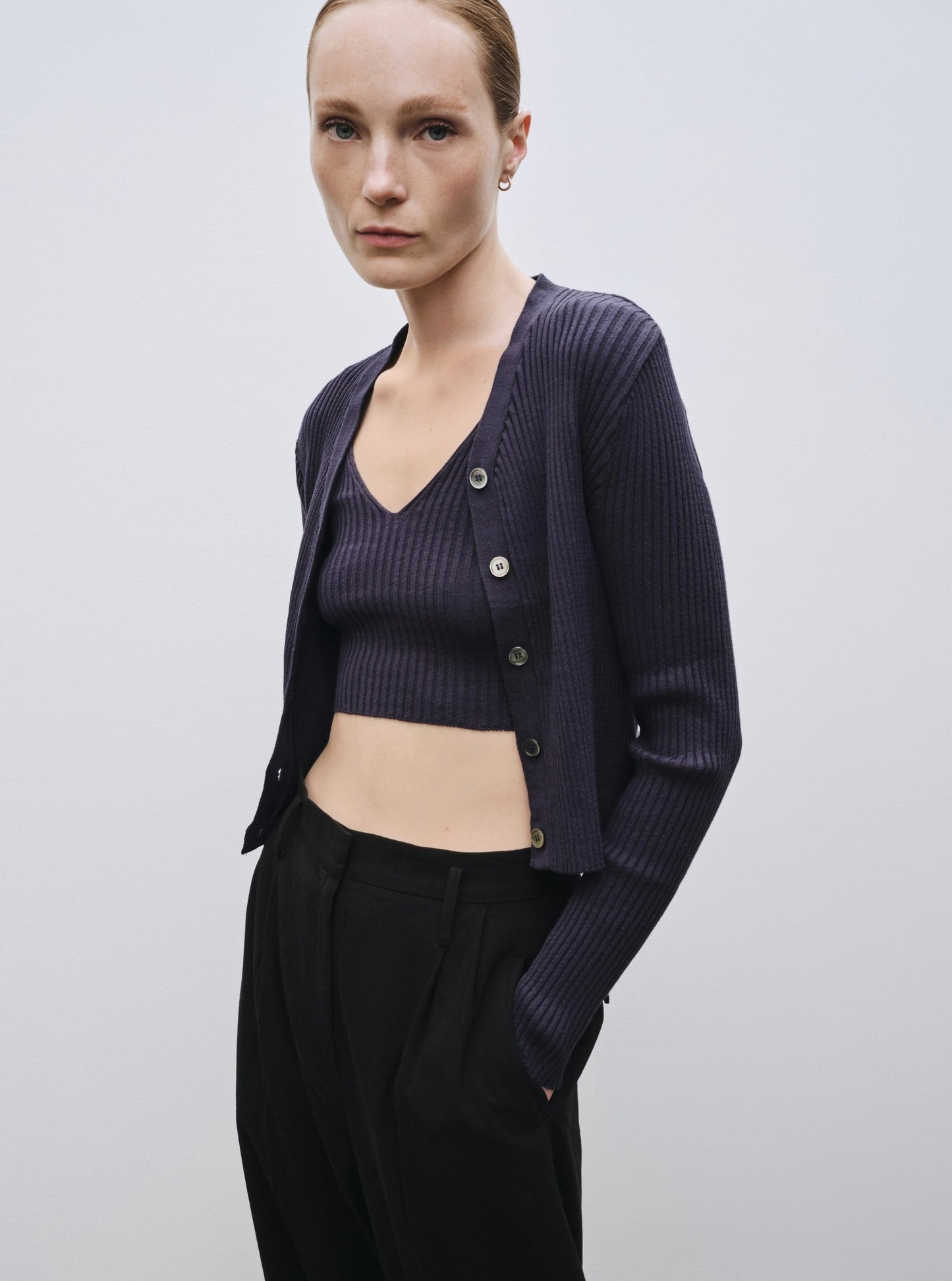 Mijeong Park Ribbed Knit V-Neck Crop Top - Navy - Vincent Park - {{shop.address.city}} {{ shop.address.country }}