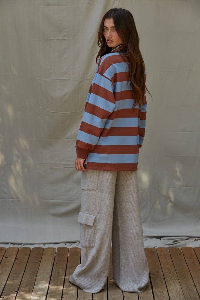 Striped French Terry Polo — Brown/Blue