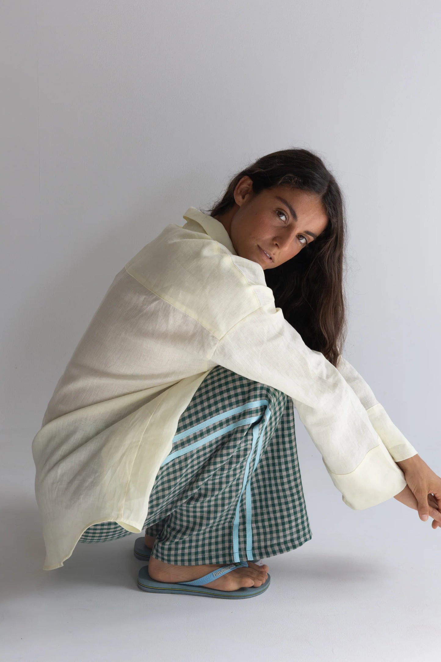 Linen Track Pant — Green Check