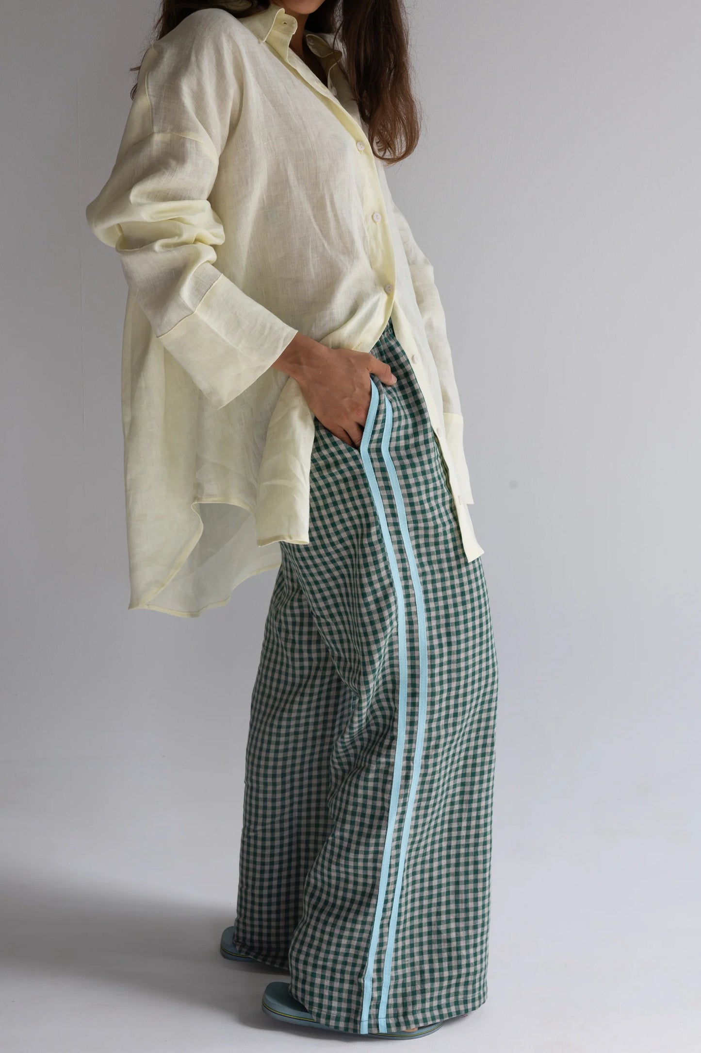 Linen Track Pant — Green Check
