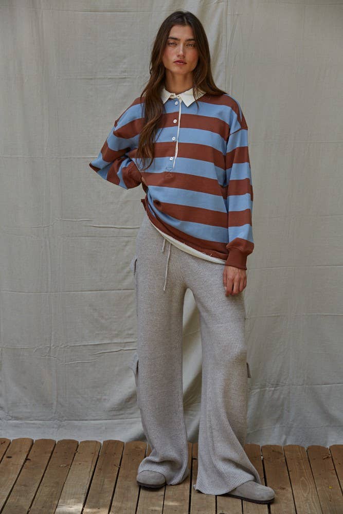 Striped French Terry Polo — Brown/Blue