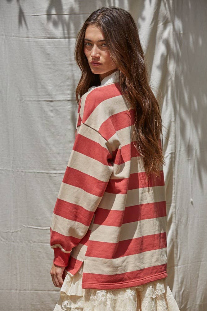 Striped French Terry Polo — Red/Taupe
