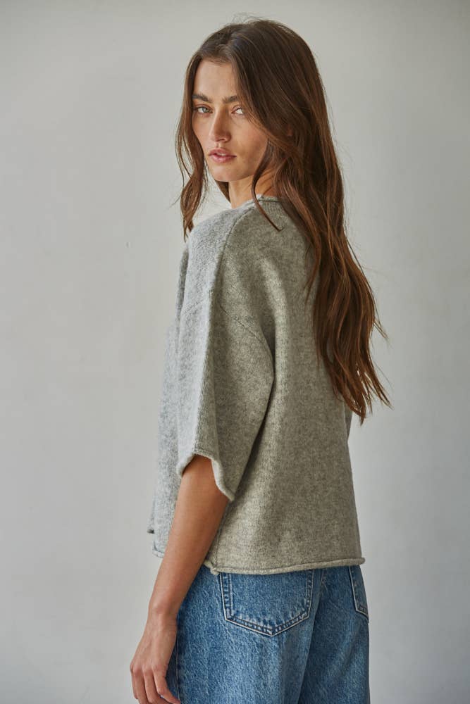 Quarter Sleeve Knit Cardigan — Heather Grey