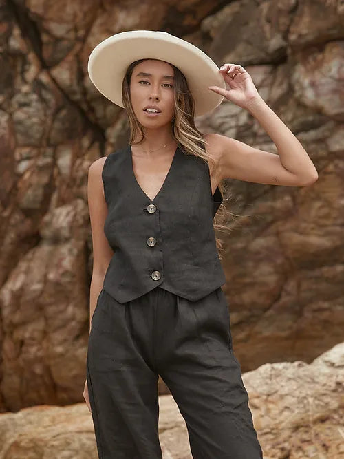 Modern Sunday Linen Vest - Black
