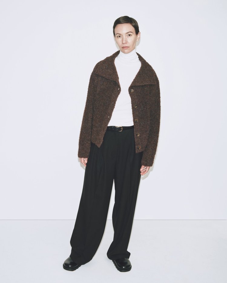 Spread Collar Boucle Cardigan - Chocolate