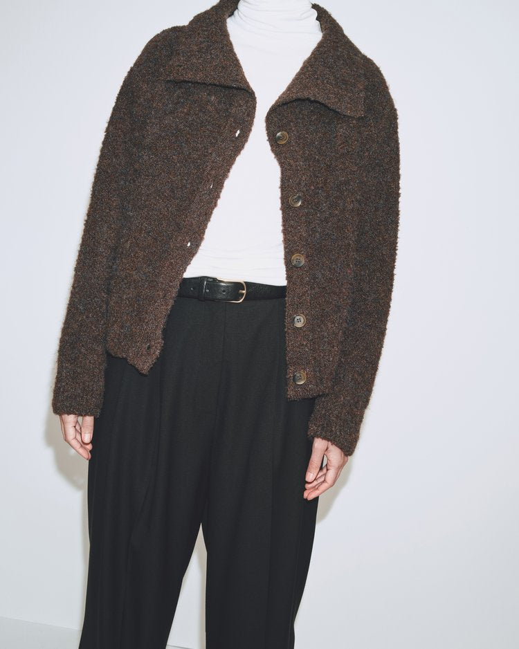 Spread Collar Boucle Cardigan - Chocolate