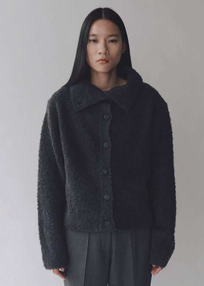 Spread Collar Boucle Cardigan - Charcoal