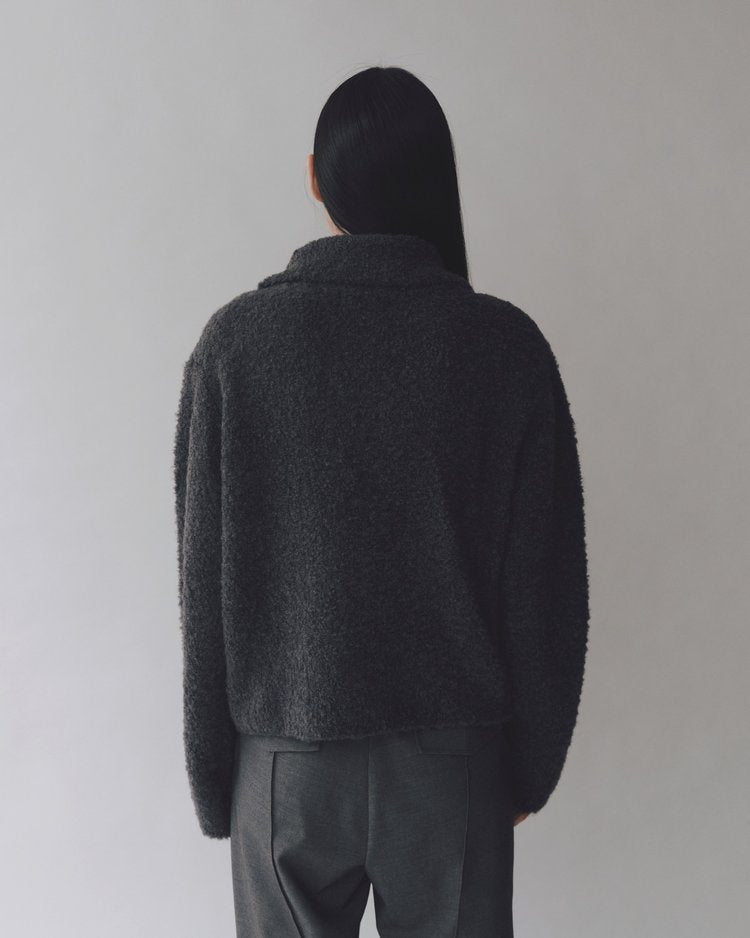 Spread Collar Boucle Cardigan - Charcoal
