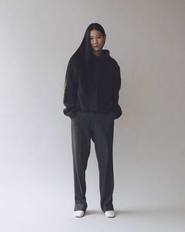 Spread Collar Boucle Cardigan - Charcoal