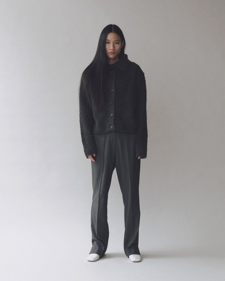 Spread Collar Boucle Cardigan - Charcoal