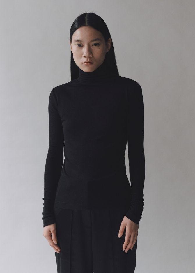 Thin Ribbed Roll Neck Top - Black
