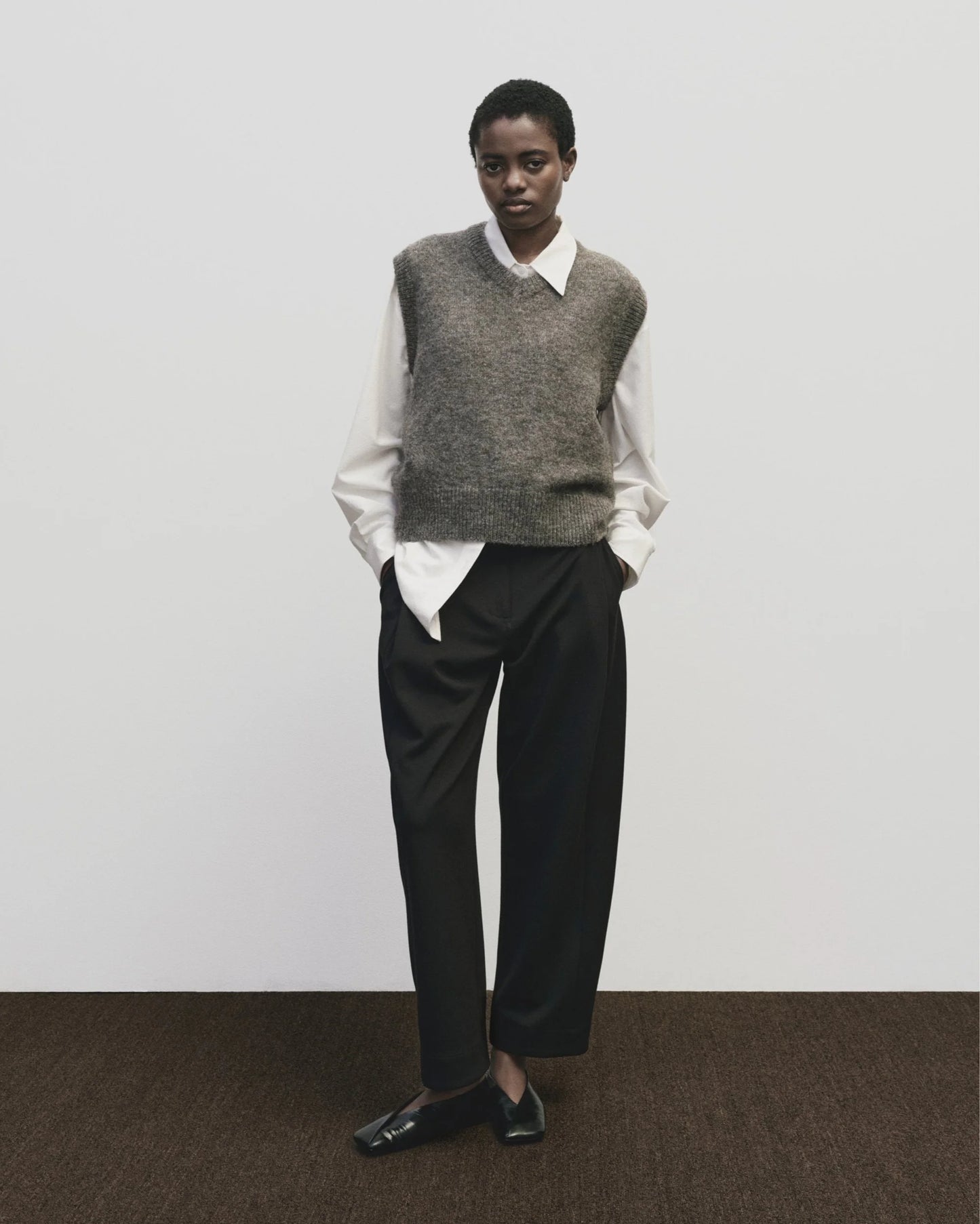 Wool Blend V-Neck Vest — Heather Brown