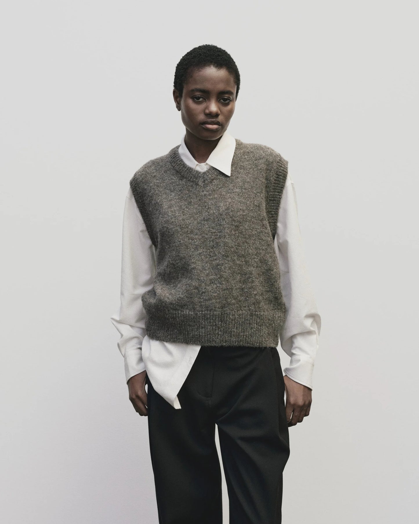 Wool Blend V-Neck Vest — Heather Brown