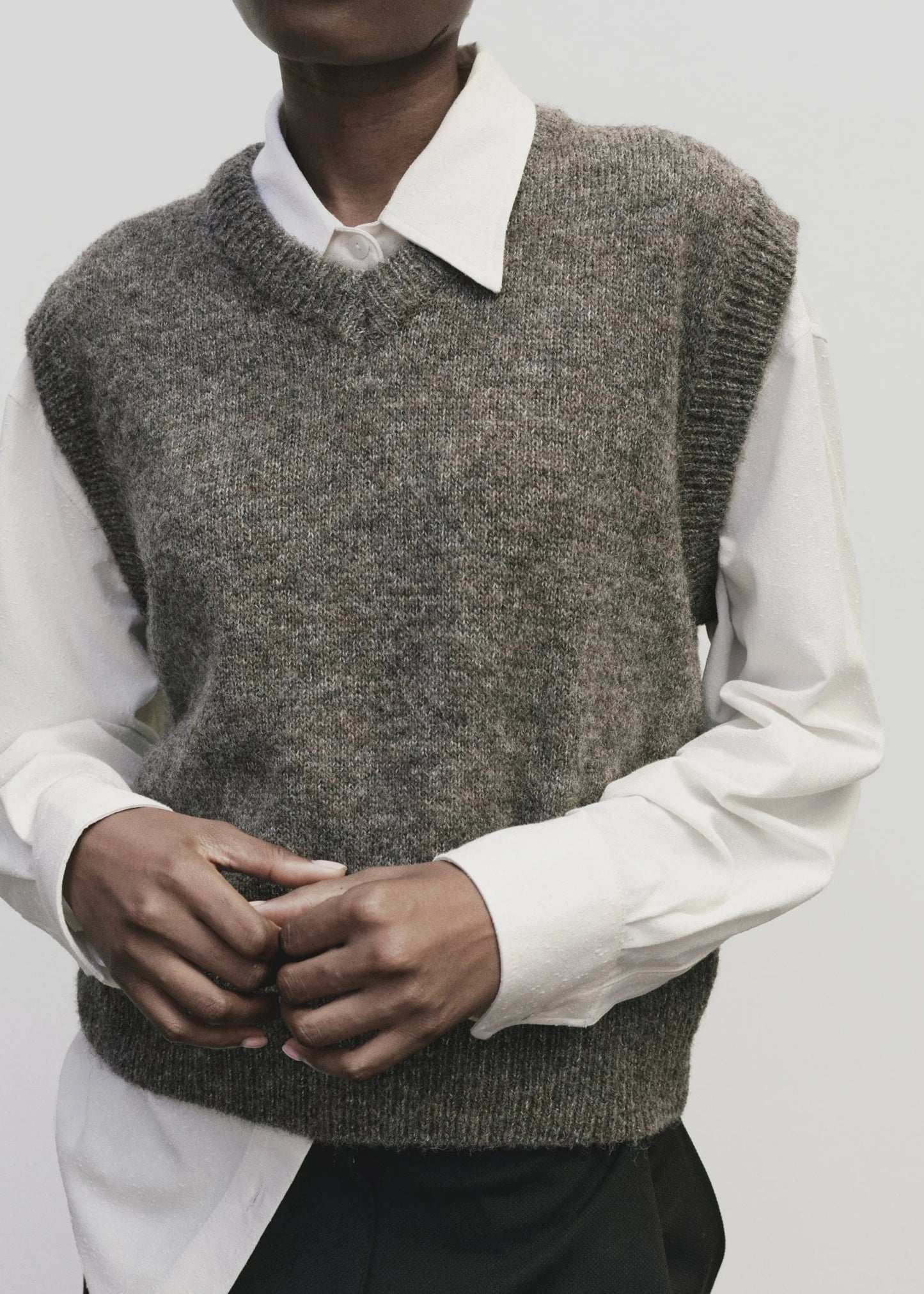 Wool Blend V-Neck Vest — Heather Brown