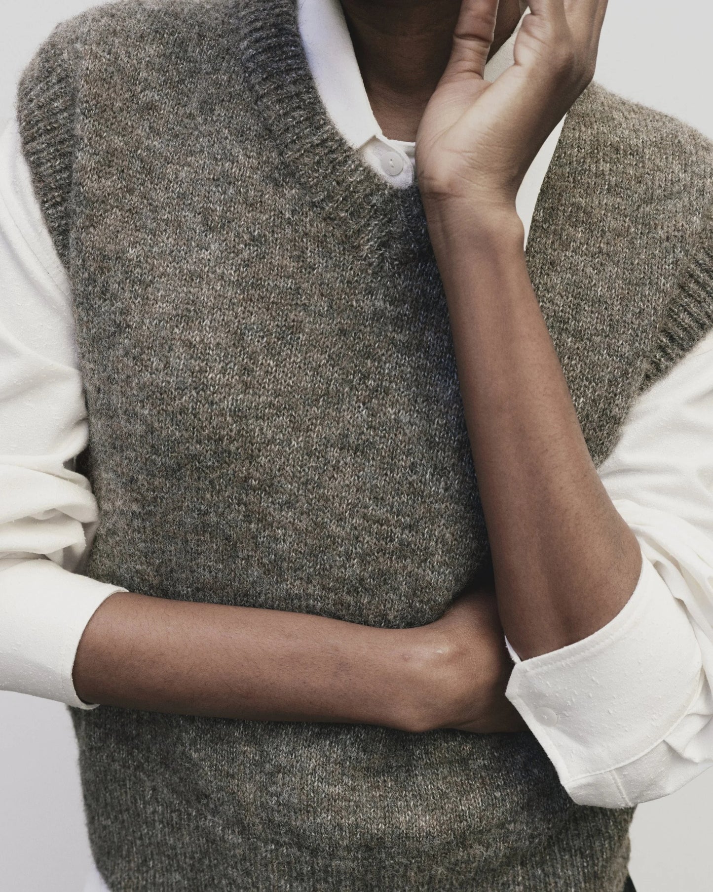 Wool Blend V-Neck Vest — Heather Brown