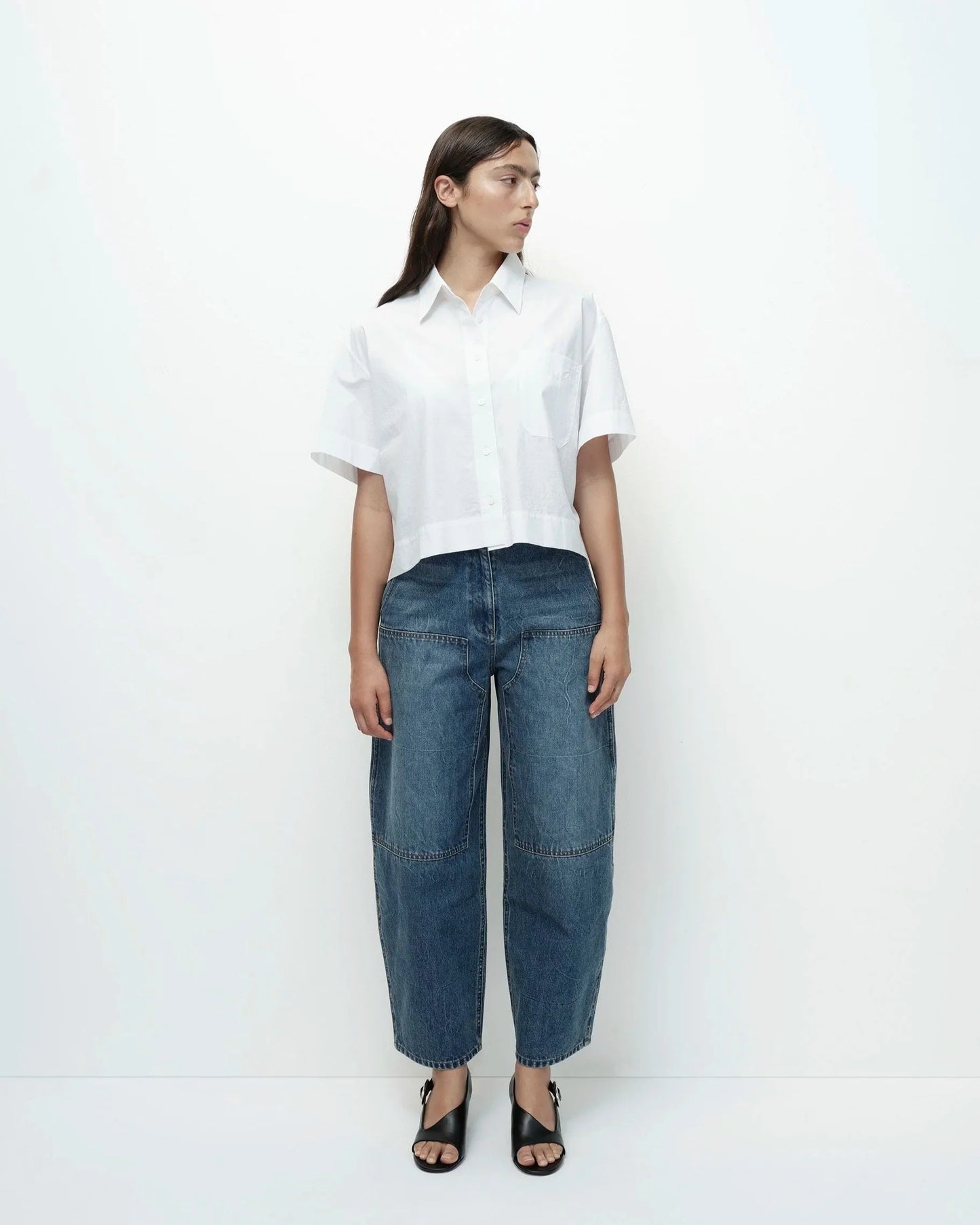 Barrel Leg Patch Denim — Blue