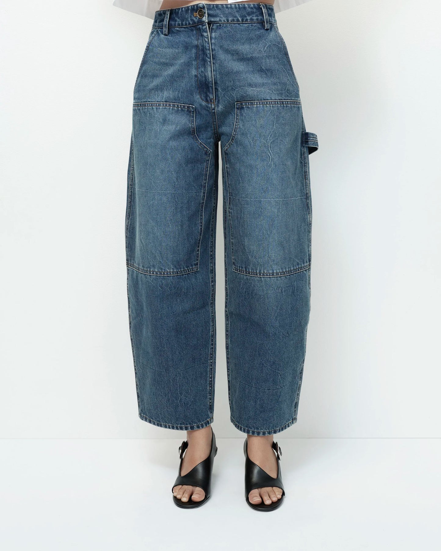 Barrel Leg Patch Denim — Blue