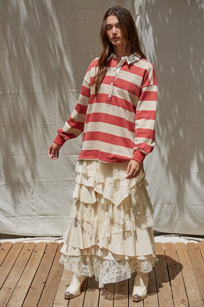 Striped French Terry Polo — Red/Taupe