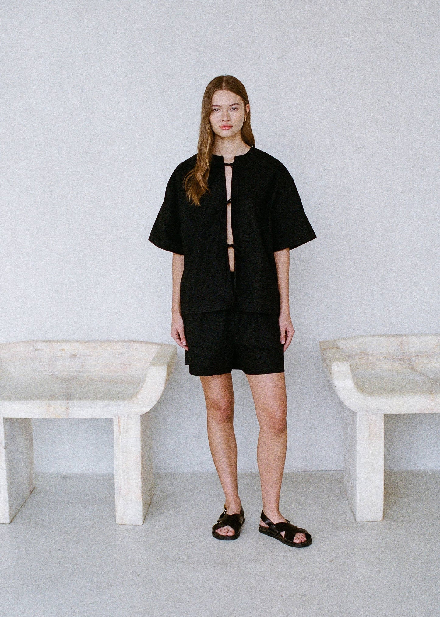 Cotton Poplin Tie Front Top - Black