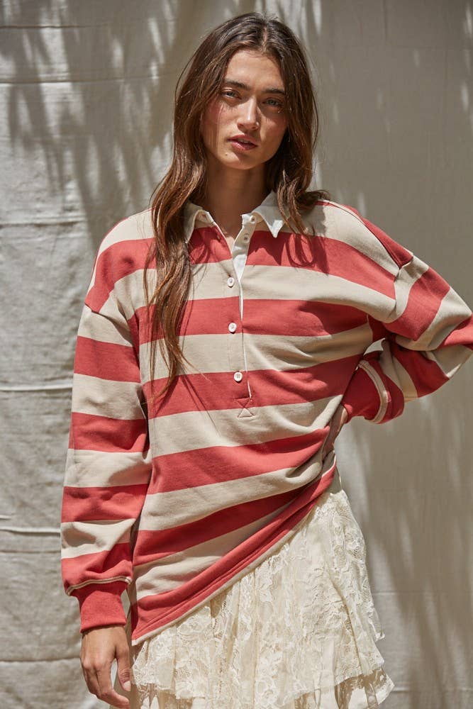 Striped French Terry Polo — Red/Taupe