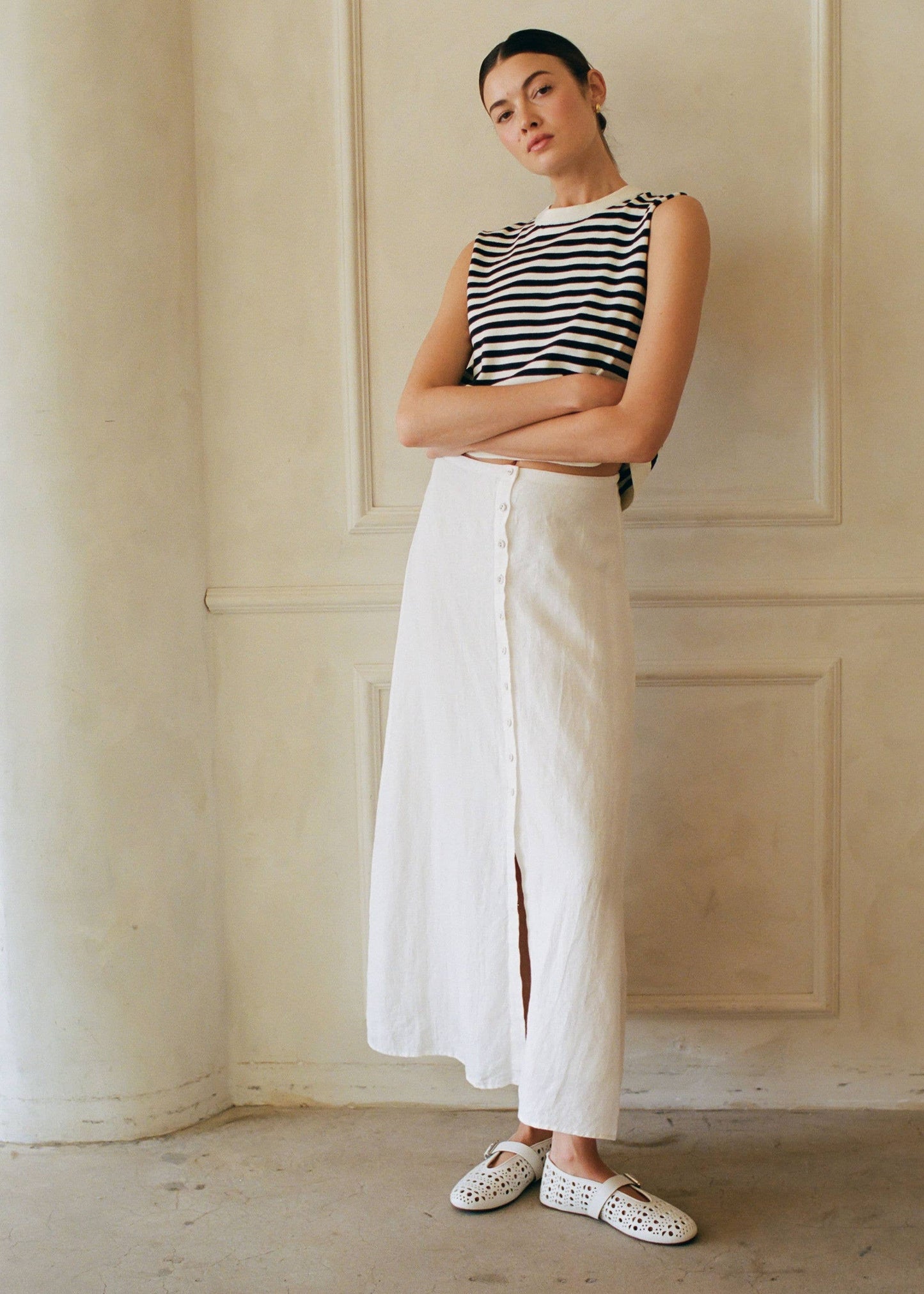 Linen Button Down Midi Skirt - Off White