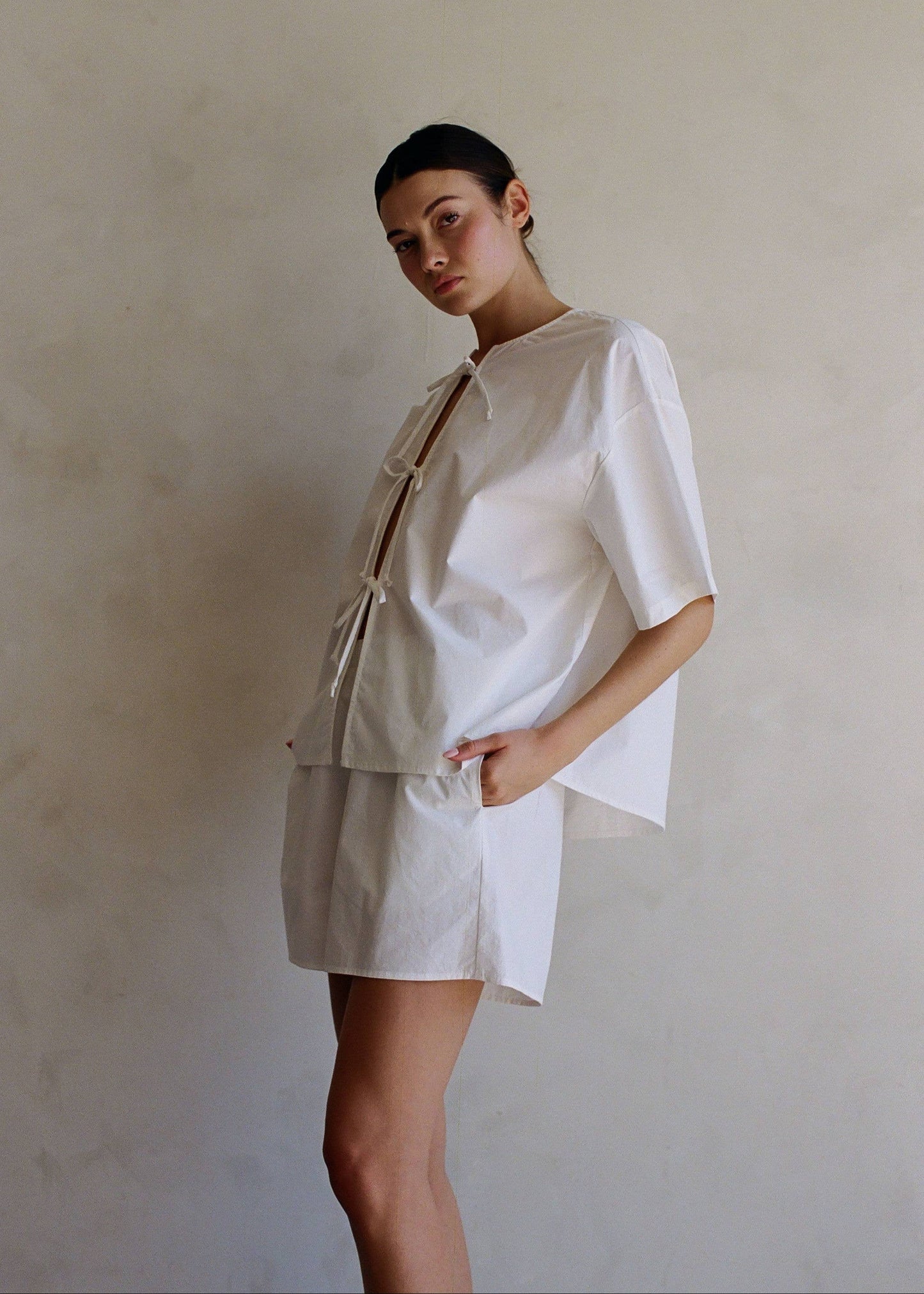 Cotton Poplin Tie Front Top - Off White