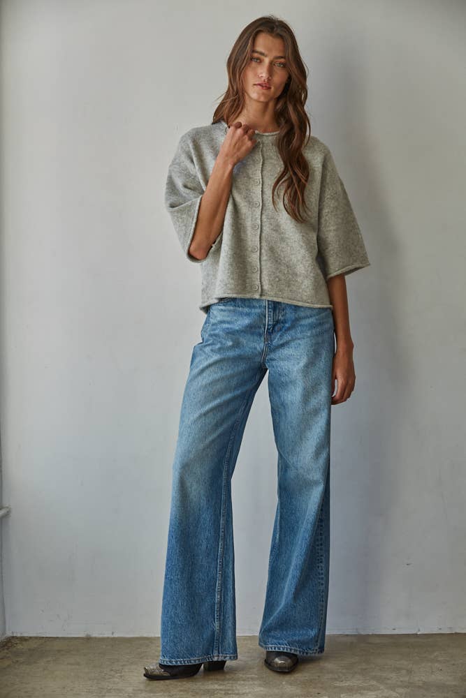Quarter Sleeve Knit Cardigan — Heather Grey