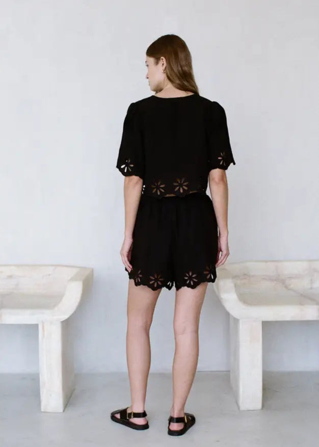 Floral Eyelet Tie Front Top - Black