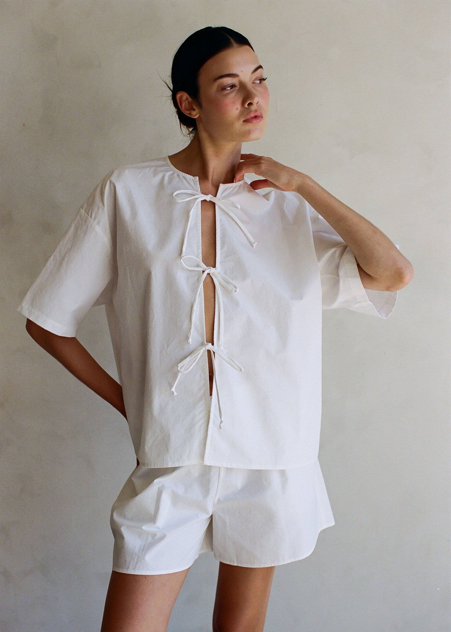 Cotton Poplin Tie Front Top - Off White