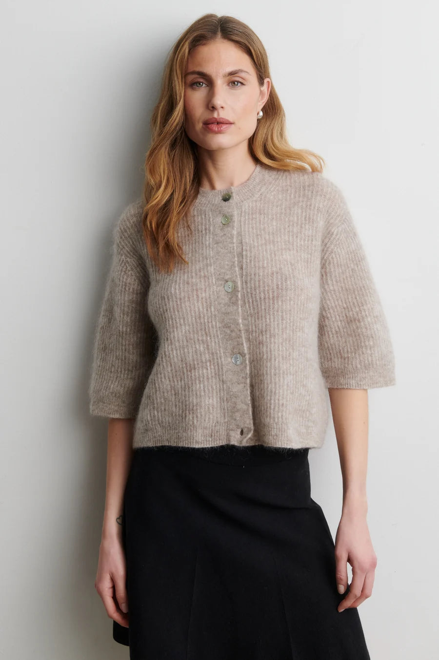 Andrea Knit Rib Cardigan — Light Beige Melange