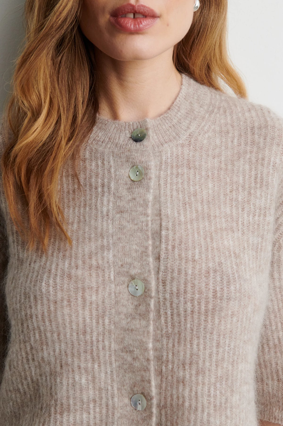 Andrea Knit Rib Cardigan — Light Beige Melange