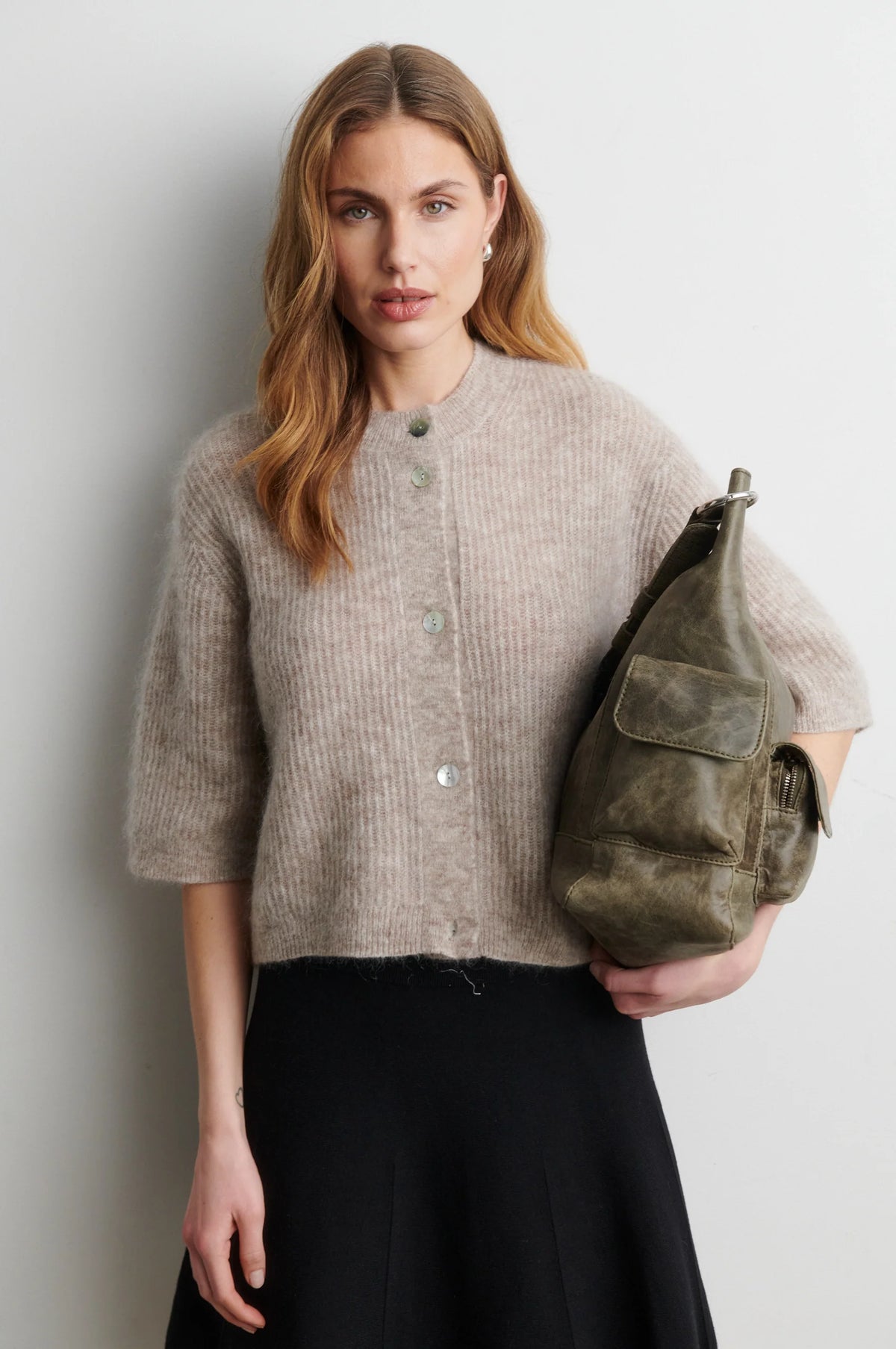Andrea Knit Rib Cardigan — Light Beige Melange