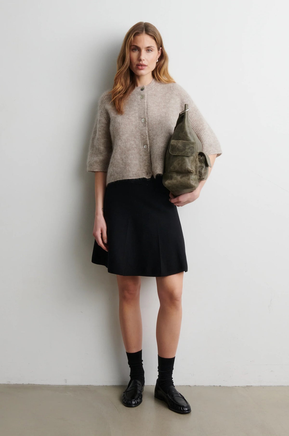 Andrea Knit Rib Cardigan — Light Beige Melange