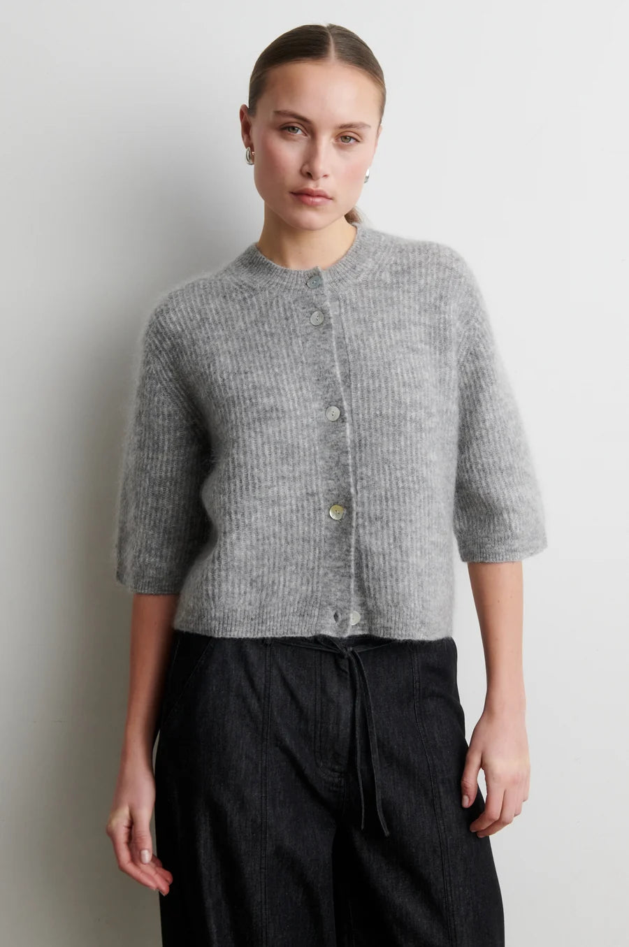 Andrea Knit Rib Cardigan — Grey Melange