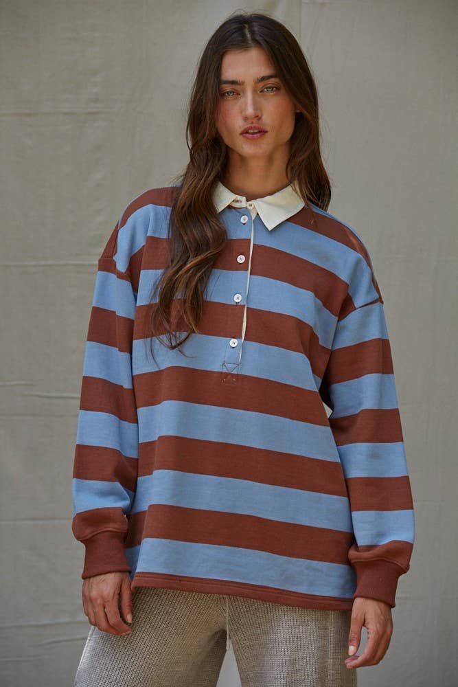 Striped French Terry Polo — Brown/Blue