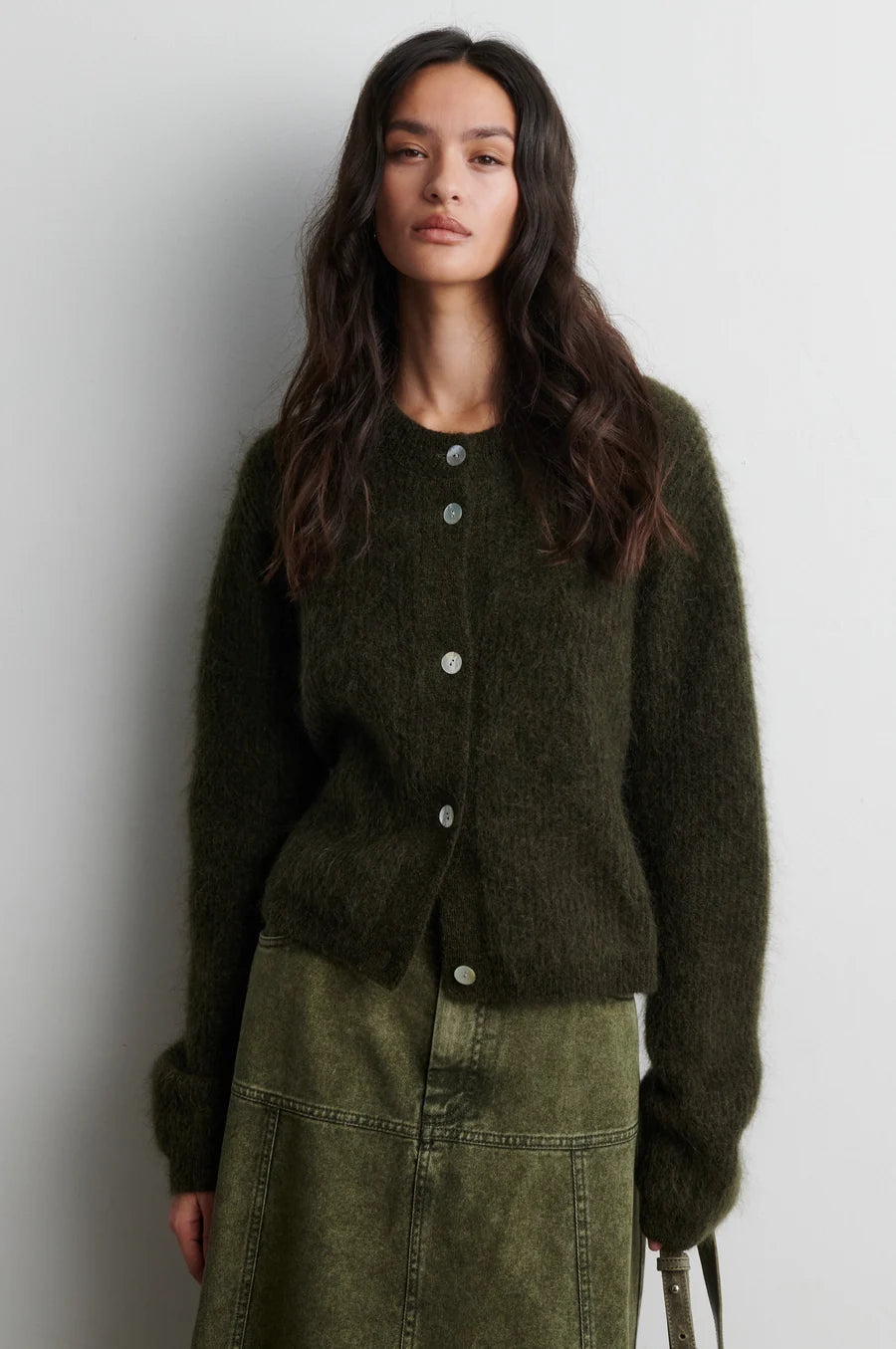 Andrea Knit Rib Long Sleeve Cardigan — Black Olive