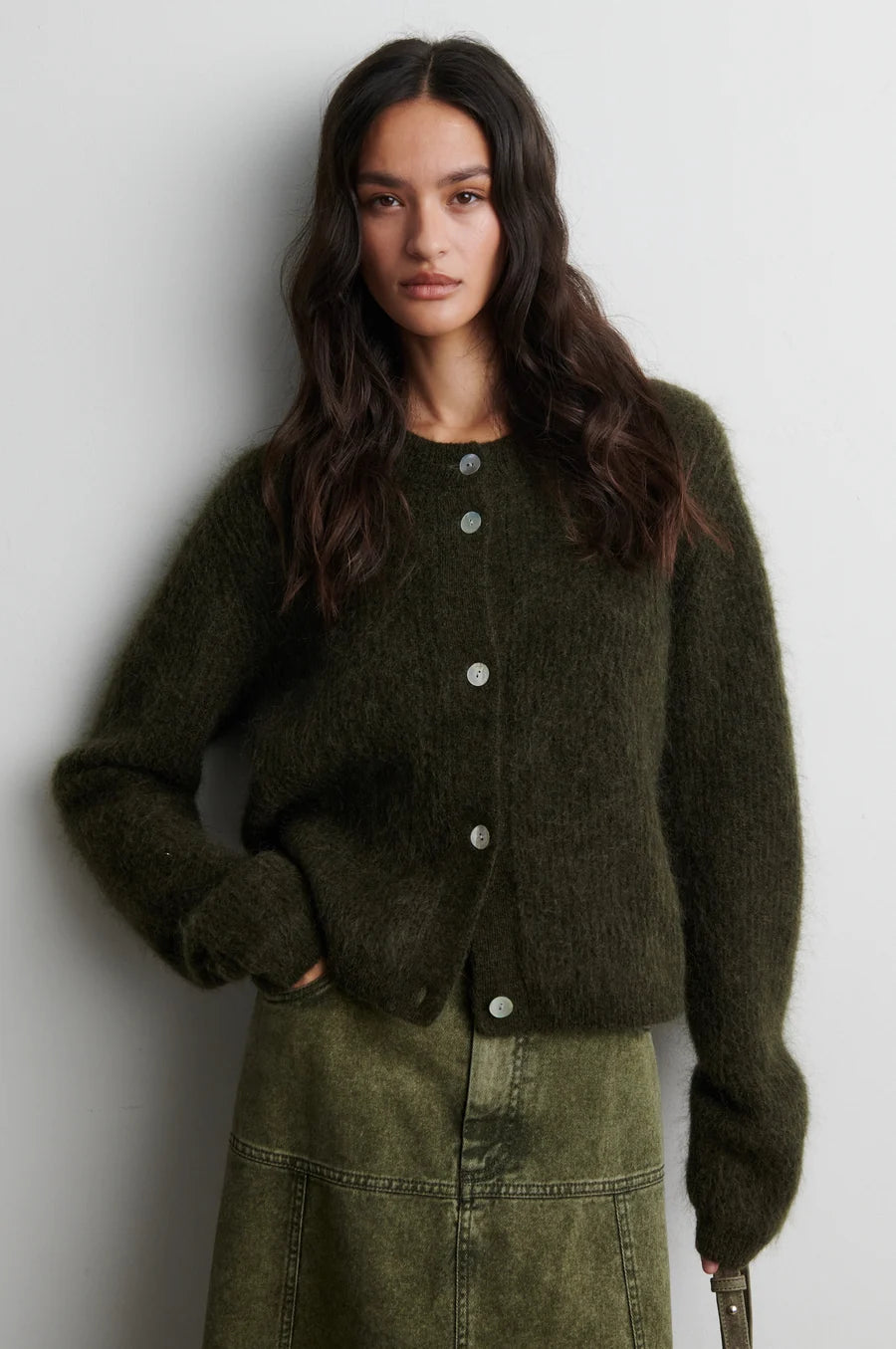 Andrea Knit Rib Long Sleeve Cardigan — Black Olive