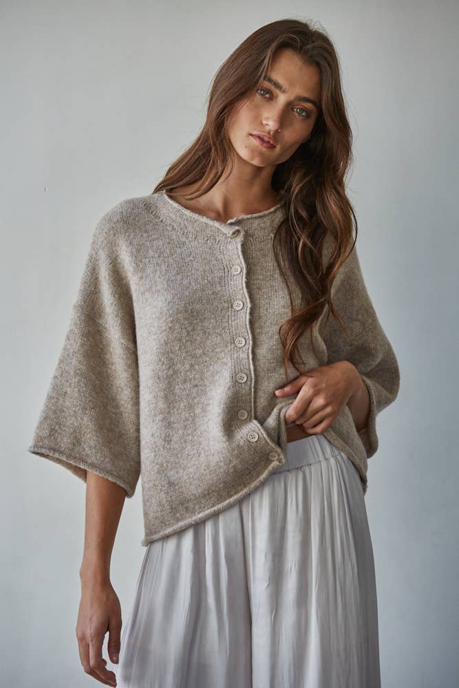 Quarter Sleeve Knit Cardigan — Oatmeal
