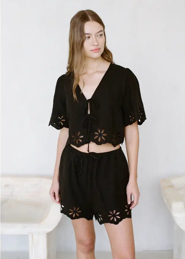 Floral Eyelet Tie Front Top - Black