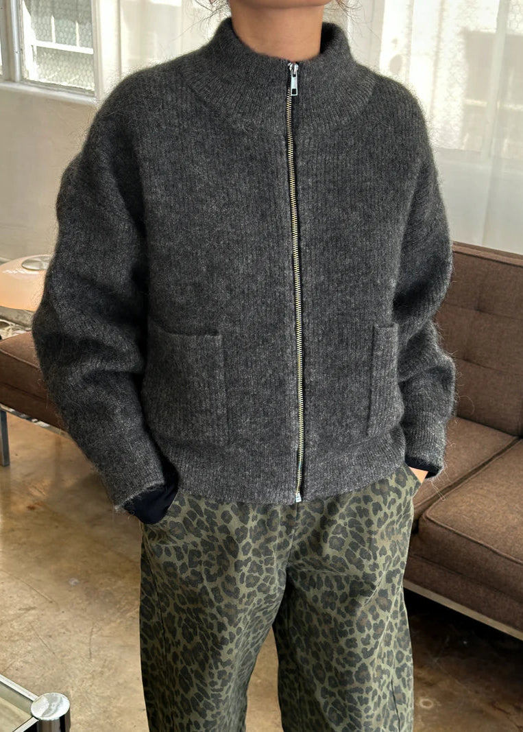 Alpaca Zip Front Sweater- Charcoal