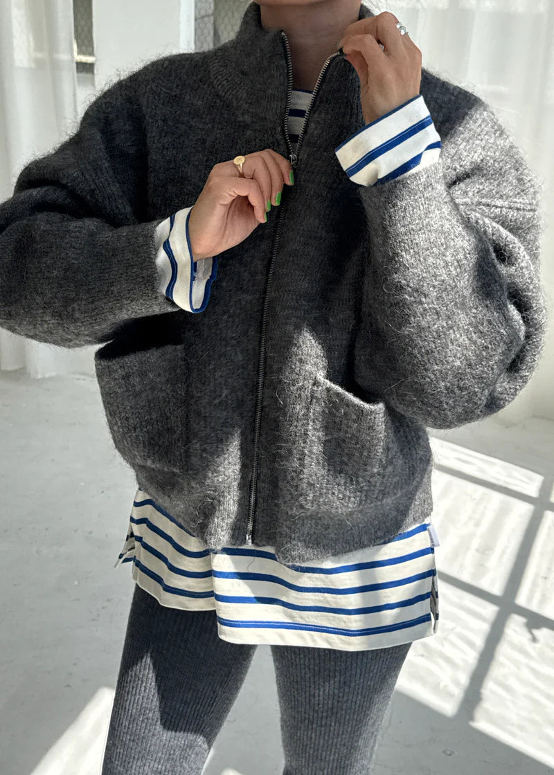 Alpaca Zip Front Sweater- Charcoal
