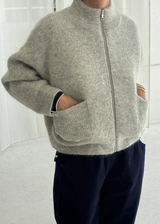 Alpaca Zip Front Sweater- Light Grey