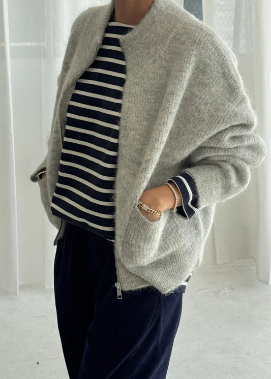 Alpaca Zip Front Sweater- Light Grey