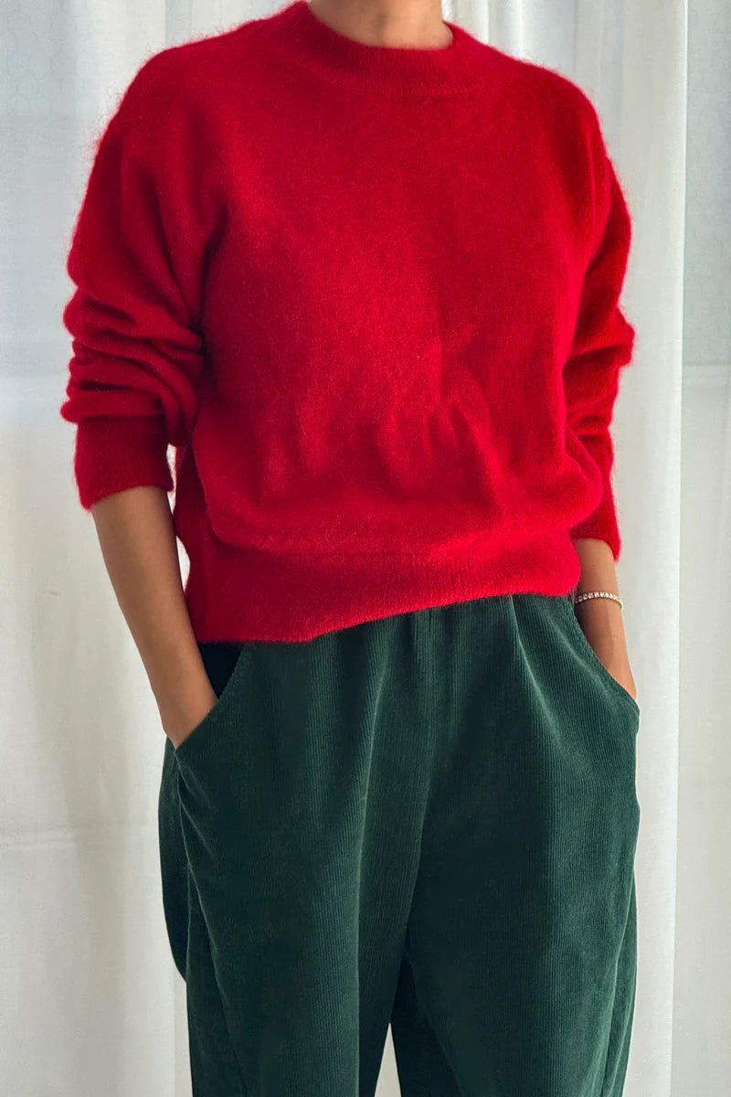 Person wearing a red sweater and green pants against a white background